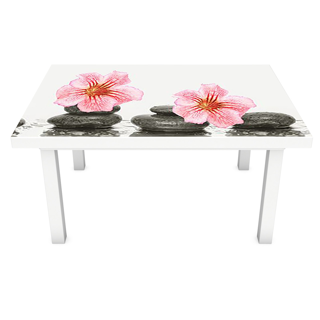 Вінілова 3Д наклейка на стіл Квіти на сірих каменях (ПВХ плівка самоклеюча) Текстура Білий 600*1200мм