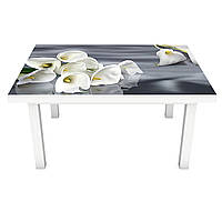 Вінілова 3Д наклейка на стіл Білі Кали Шовк (ПВХ плівка самоклеюча) Квіти Сірий 600*1200мм