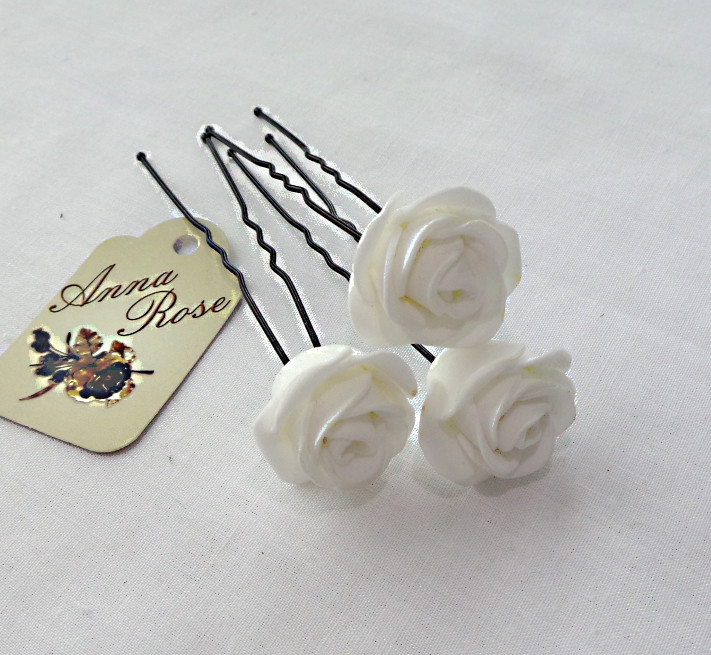 Шпильки для волосся з квітами ручної роботи "Білі Трояндочки"