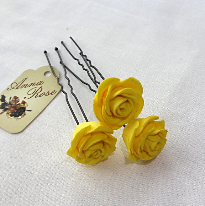 Шпильки для волосся з квітами ручної роботи "Трояндочки Жовті"