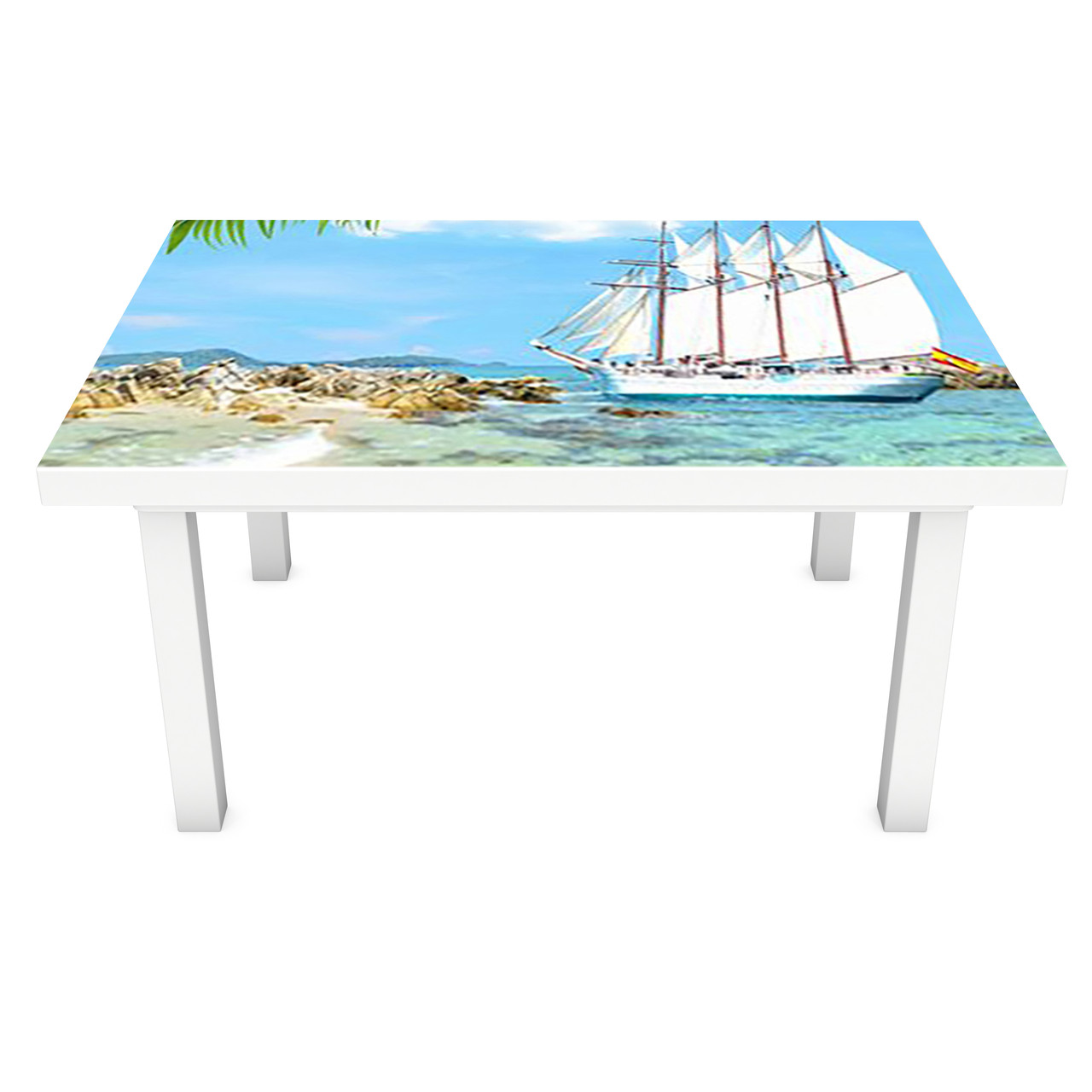 Вінілова 3Д наклейка на стіл Білий Вітрильник (ПВХ плівка самоклеюча) корабель Море Блакитний 600*1200мм, фото 1