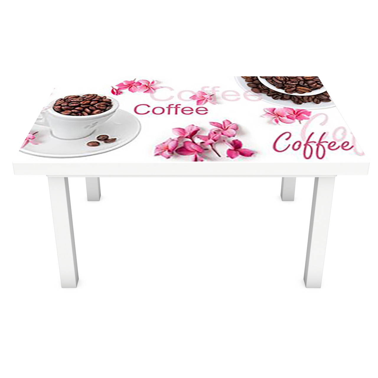 Вінілова 3Д наклейка на стіл Кава і Рожеві квіти (ПВХ плівка самоклеюча) зерна Напої Білий 600*1200мм