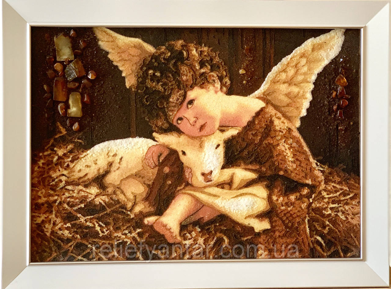 Картина з бурштину "Дитина з ягням" 30x40 см