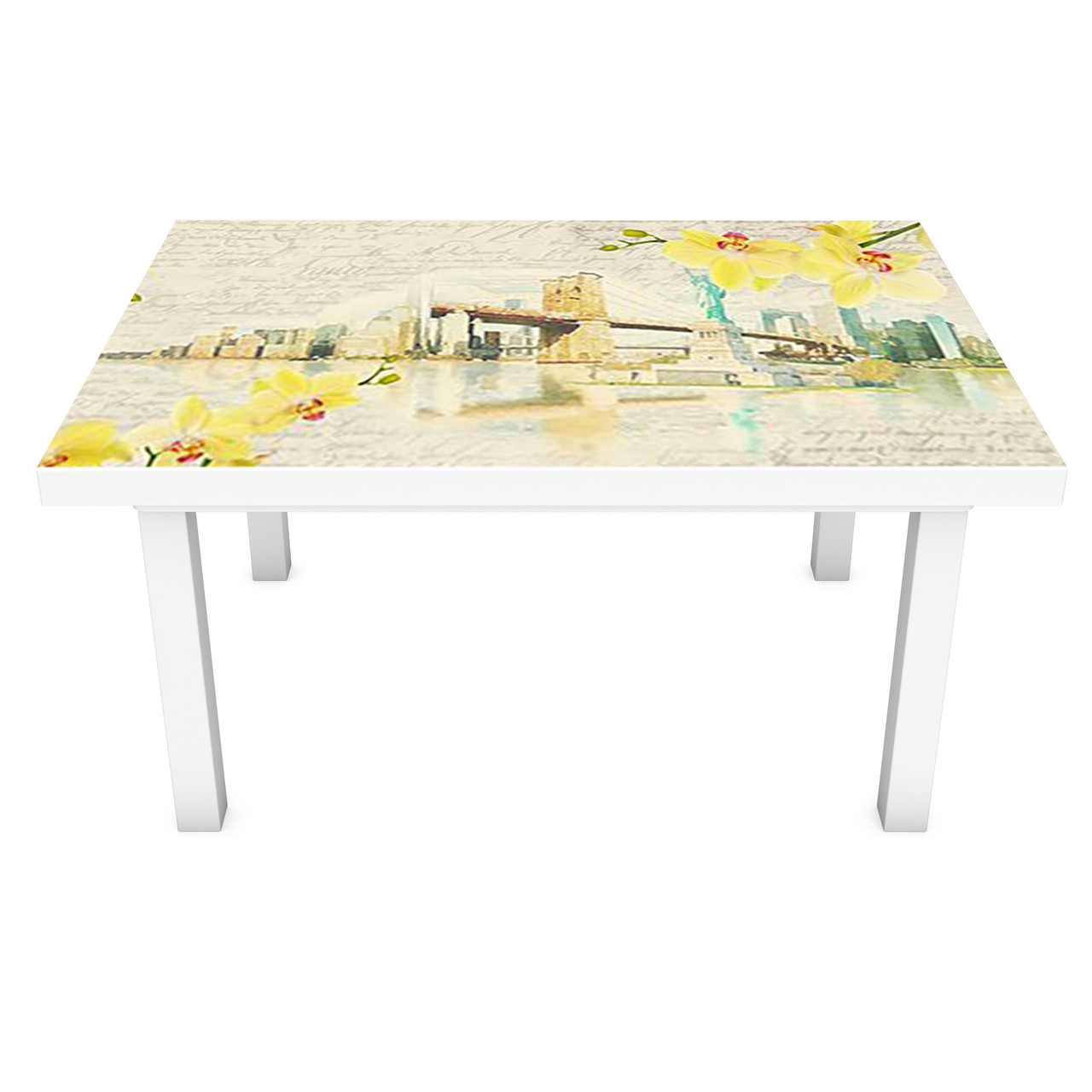 Вінілова 3Д наклейка на стіл Місто і Жовті Орхідеї (ПВХ плівка самоклеюча) Абстракція Бежевий 600*1200мм