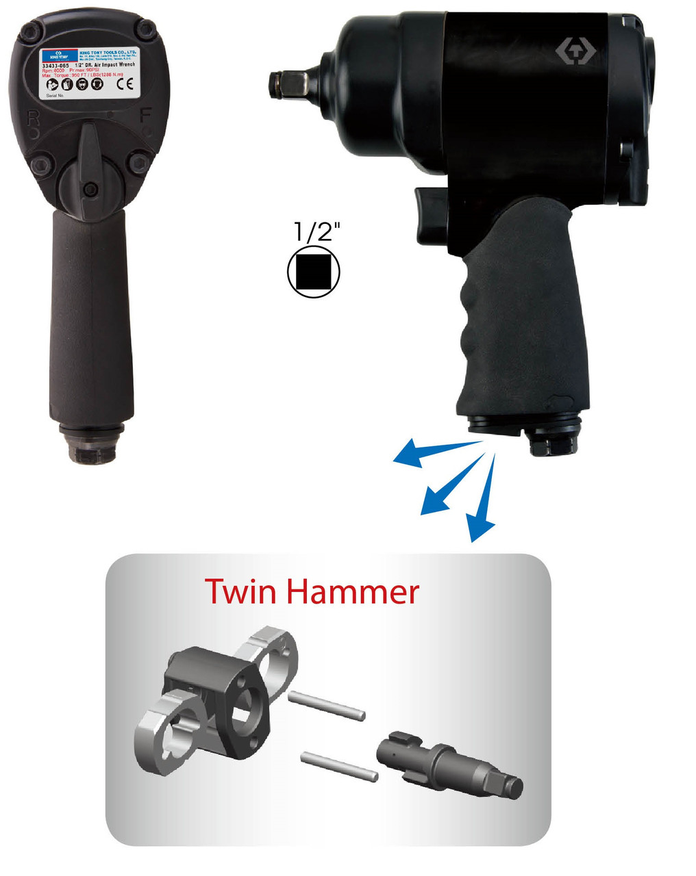 Пневматичний гайковерт 1/2" 880 Нм, подвійний молоток. Вага 2.1 кг, фото 1