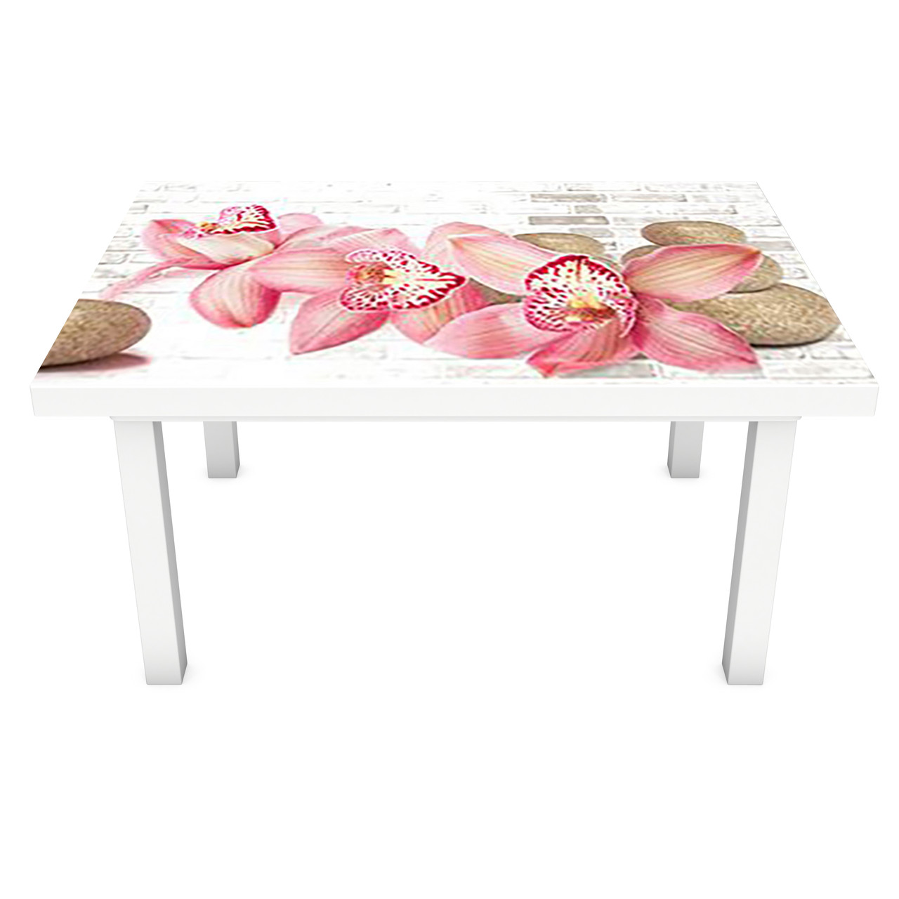 Вінілова 3Д наклейка на стіл Бежеві камені і Орхідеї (ПВХ плівка самоклеюча) цеглини Текстура 600*1200мм