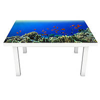 Виниловая 3Д наклейка на стол Подводный мир (ПВХ пленка самоклеющаяся) коралловый риф рыбы Синий 600*1200 мм