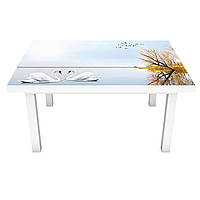 Виниловая 3Д наклейка на стол Осень на Озере Лебеди (ПВХ пленка самоклеющаяся) Природа Голубой 600*1200 мм
