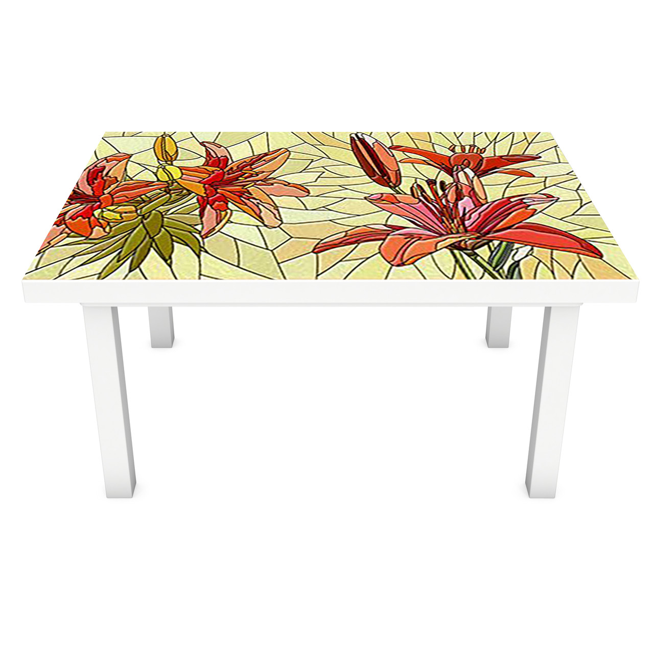 Вінілова 3Д наклейка на стіл Вітраж Лілії (ПВХ плівка самоклеюча) текстура Квіти Червоний 600*1200мм, фото 1