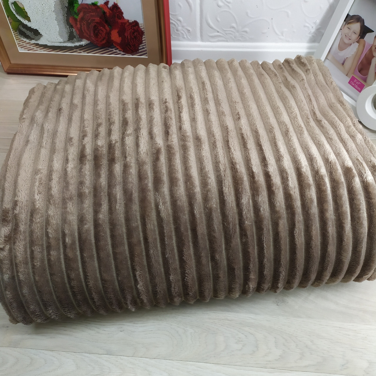 Велюрове покривало смужки євро розмір 220*230 см світло-коричневого кольору, фото 1