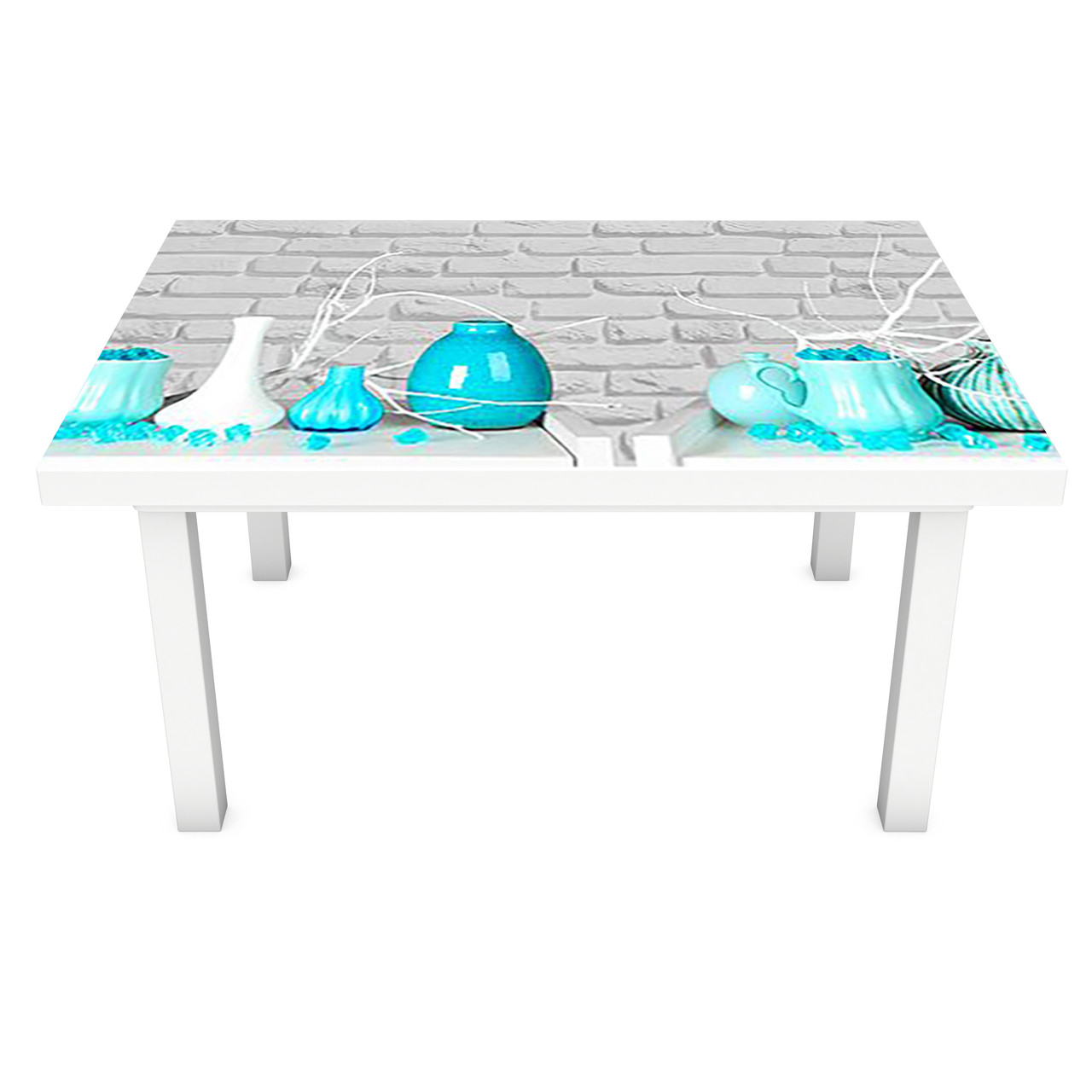 Вінілова 3Д наклейка на стіл Блакитні Глечики (ПВХ плівка самоклеюча) Цегляна кладка Текстура Сірий 600*1200мм