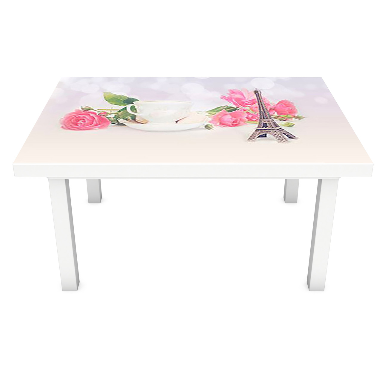 Вінілова 3Д наклейка на стіл Рожеві Троянди Париж (ПВХ плівка самоклеюча) Ейфелева вежа Квіти 600*1200мм, фото 1