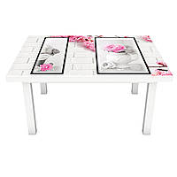 Вінілова 3Д наклейка на стіл Білі цеглини і Квіти (ПВХ плівка самоклеюча) Текстура Рожевий 600*1200мм