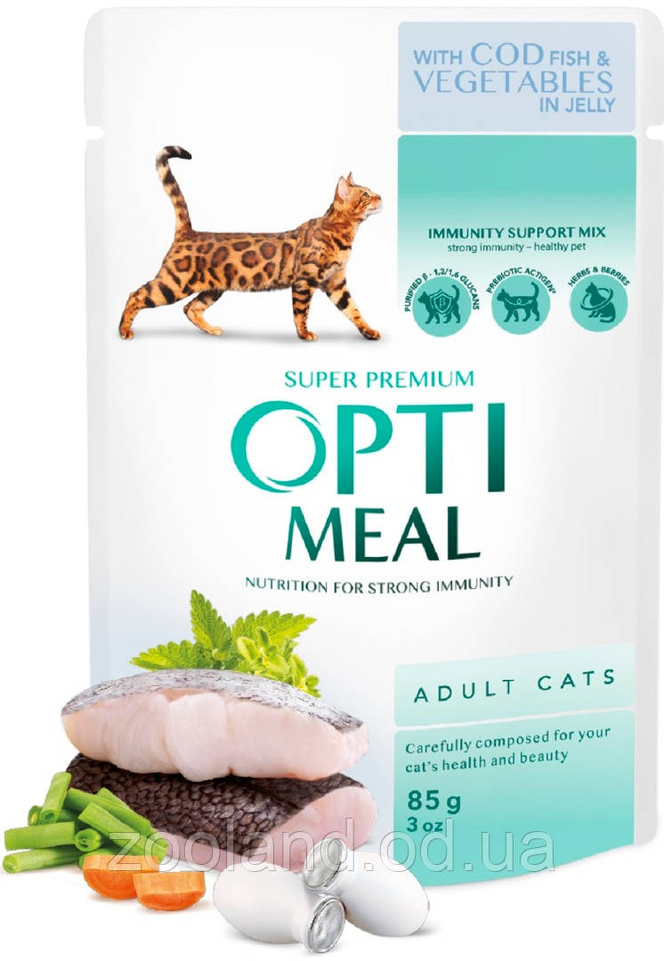 Optimeal Adult Cat з тріскою й овочами в желе, 12 шт.