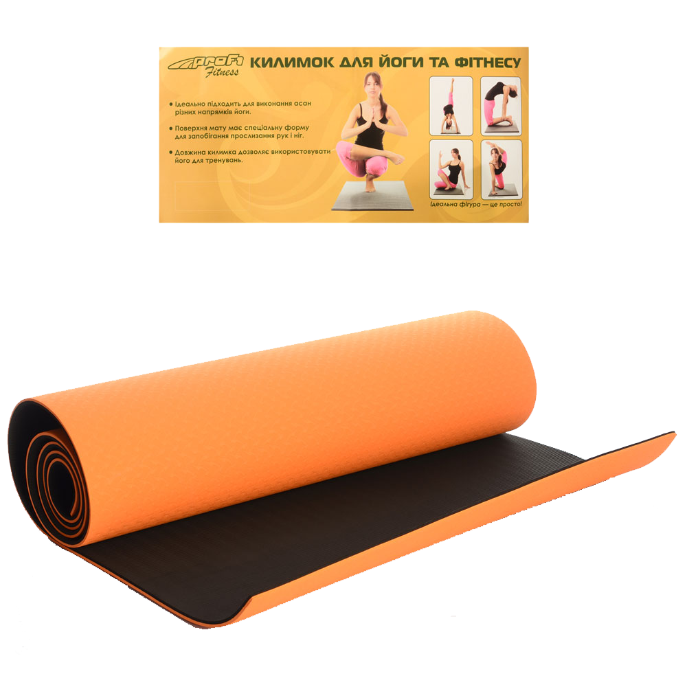 Килимок для йоги та фітнесу (йогомат) MS 0613-1 TPE 183-61 см. Двосторонній помаранчевий з чорним, 6 мм