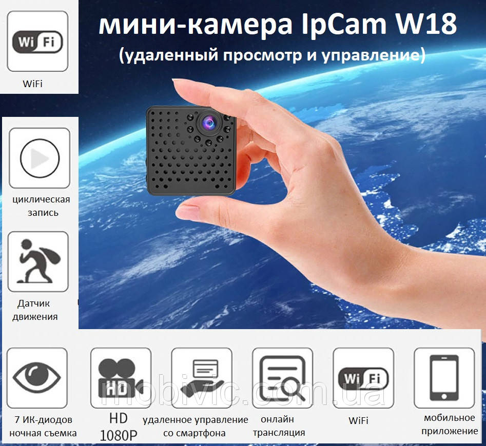 Мінікамера IpCam w18 (WiFi) p2p, IP (вдалений перегляд)+ кріплення