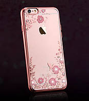 Силиконовый прозрачный чехол с цветами и стразами iPhone 6 Plus/ 6s Plus (розовое  золото)
