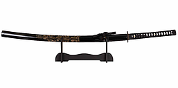 Японська катана Синто, самурайська Katana меч, шнурівка на рукояті, в чорному кольорі "роиро", з підставкою