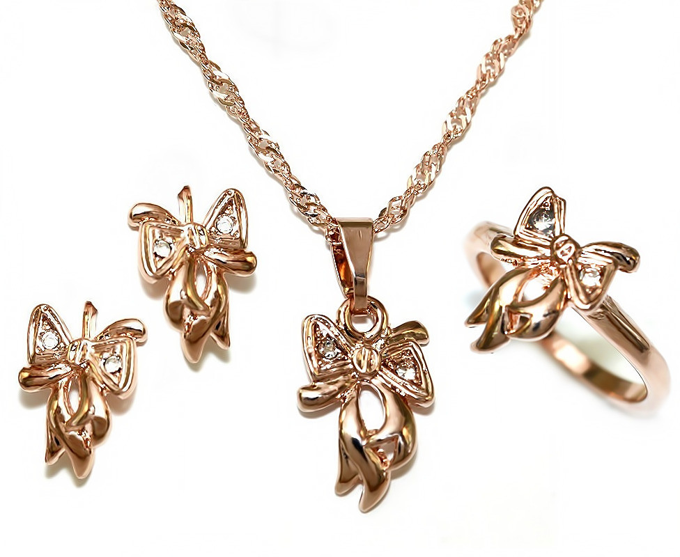 Булатний набір з фіанітами. Позолота ЧВ. Кулон, ланцюжок 44 см, сережки та кільце у подарунок