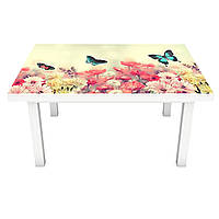 Виниловая 3Д наклейка на стол Бабочки над цветами (ПВХ пленка самоклеющаяся) пышные Цветы Розовый 650*1200 мм