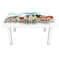 Виниловая 3Д наклейка на стол Амстердам река (ПВХ пленка самоклеющаяся) домики Архитектура Голубой 650*1200 мм