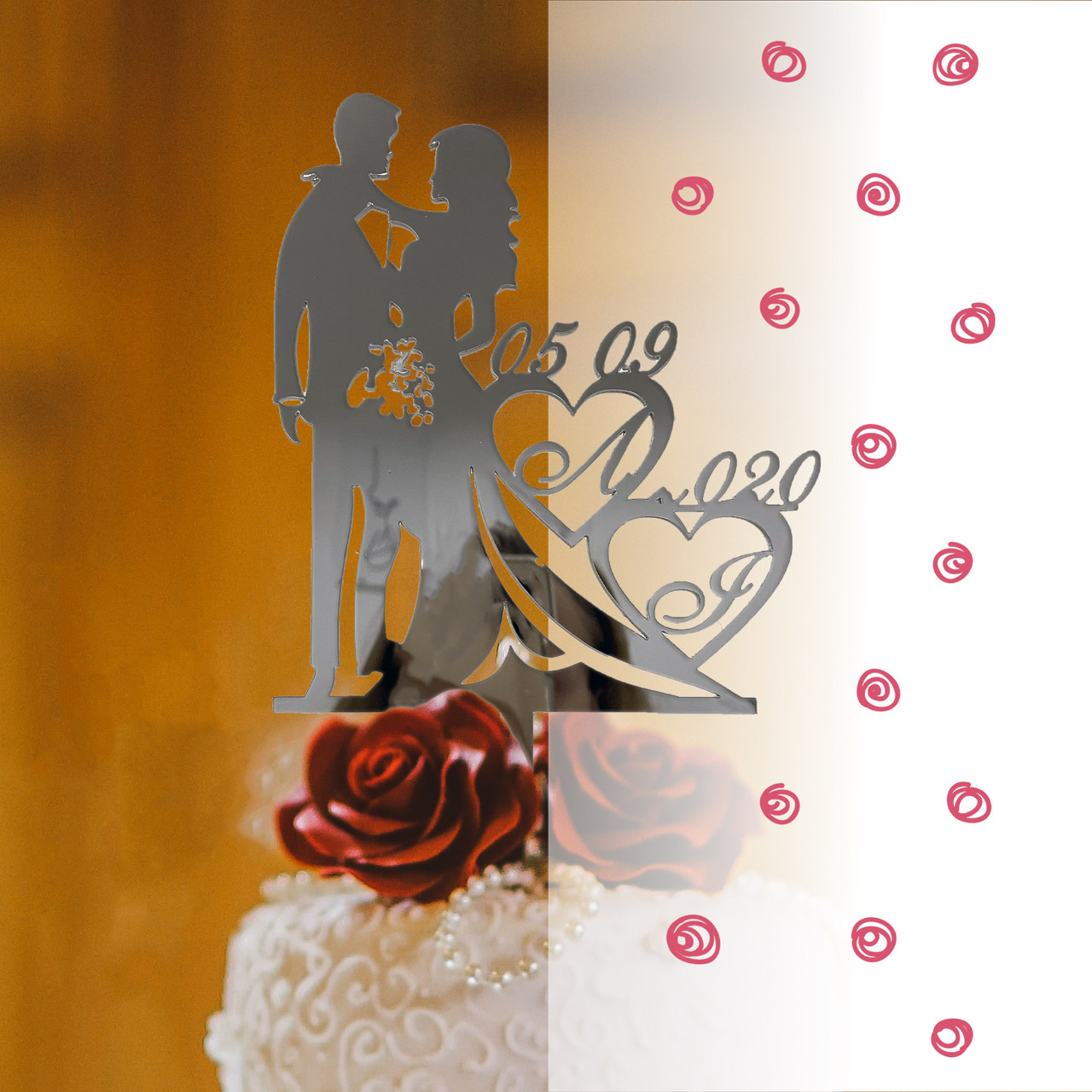 Топер фігурка на весільний торт дзеркальний двосторонній Manific Decor "Пара з датою та ініціалами"