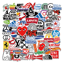 Набір вінілових наклейок стикерів Набір Логотип Бренди Хайпові Стикербомбінг на авто телефон 70 шт., фото 5