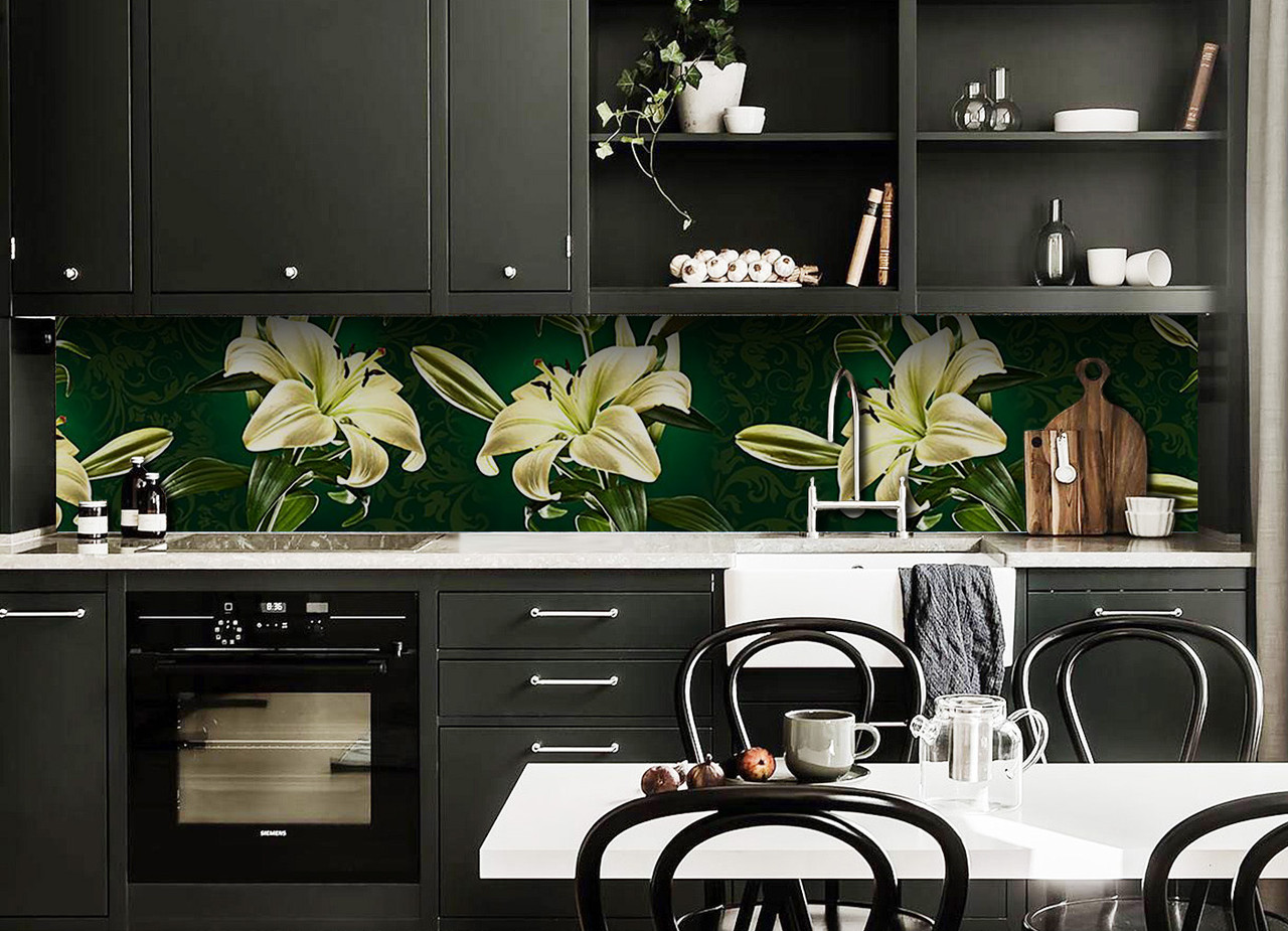 Вініловий 3Д кухонний фартух Бежеві Лілії самоклеюча плівка ПВХ скіналі Квіти Зелений 600*2000 мм