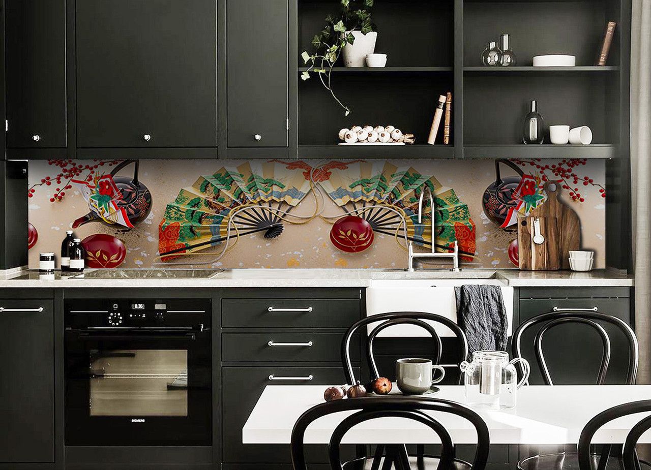 Вініловий 3Д кухонний фартух Східний Віяло плівка ПВХ скіналі Японія Китай Абстракція Бежевий 600*2000 мм