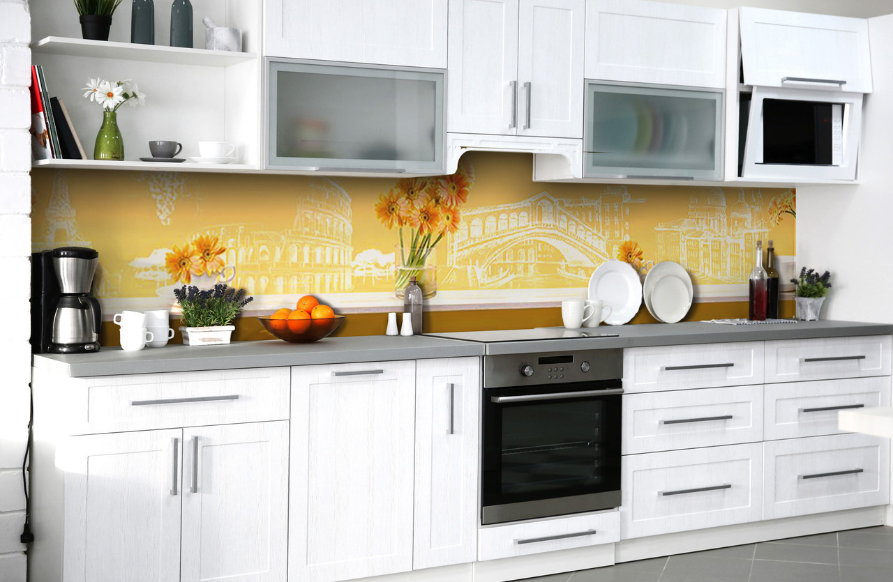 Вініловий 3Д кухонний фартух Сонячні Гербери плівка ПВХ скіналі квіти Колізей Абстракція 600*2000 мм