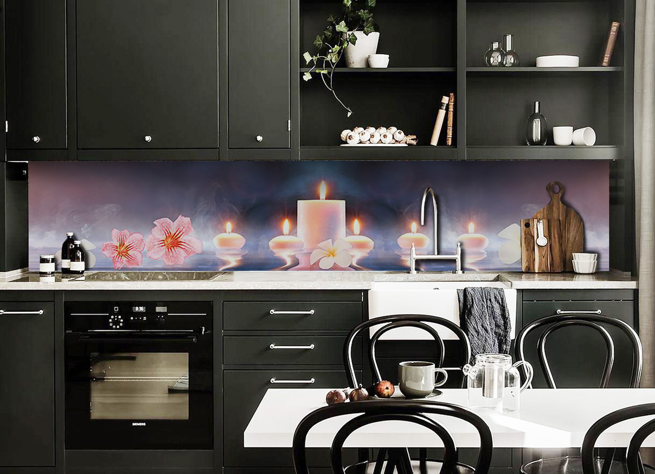 Вініловий 3Д кухонний фартух Свічки вогні самоклеюча плівка ПВХ скіналі квіти Абстракція Синій 600*2000 мм