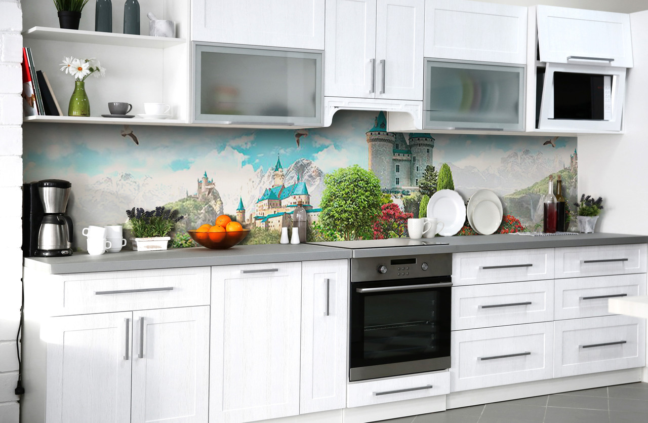 Вініловий 3Д кухонний фартух Замок із баштами самоклеюча плівка ПВХ скіналі Архітектура Блакитний 600*2000 мм