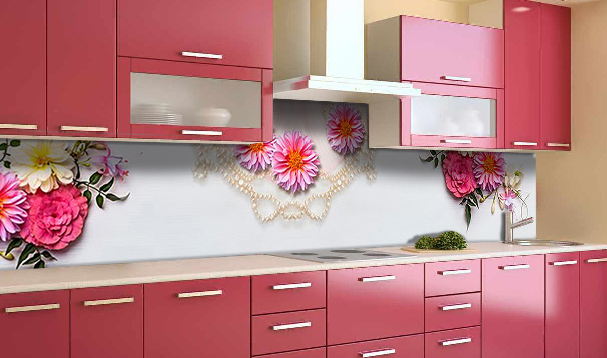 Вініловий 3Д кухонний фартух Перлинні намисто самоклеюча плівка ПВХ скіналі Квіти Білий 600*2000 мм, фото 1