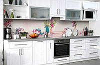 Виниловый 3Д кухонный фартук Яркие Цветы в вазах самоклеющаяся пленка ПВХ скинали Розовый 600*2500 мм