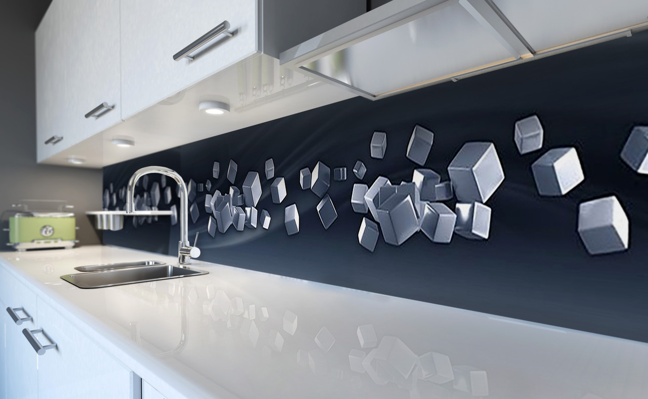 Вініловий 3Д кухонний фартух Сталеві куби плівка ПВХ скіналі геометрія Абстракція Сірий 600*2000 мм, фото 1