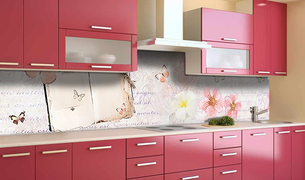 Вініловий 3Д кухонний фартух Метелики Лист самоклеюча плівка ПВХ скіналі Абстракція Рожевий 600*2000 мм