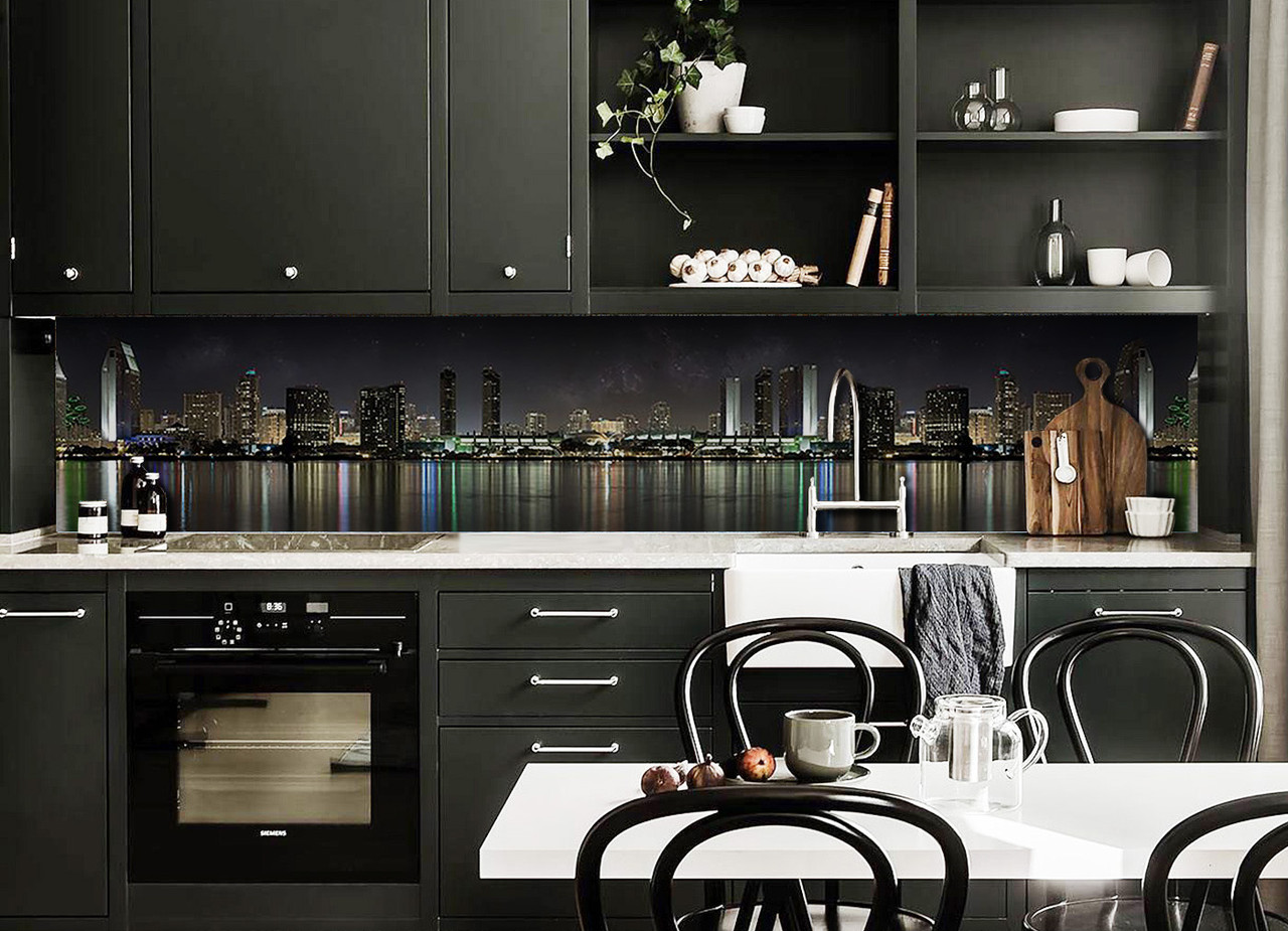 Вініловий 3Д кухонний фартух Відображення вогнів самоклеюча плівка ПВХ скіналі нічне місто Чорний 600*2000 мм