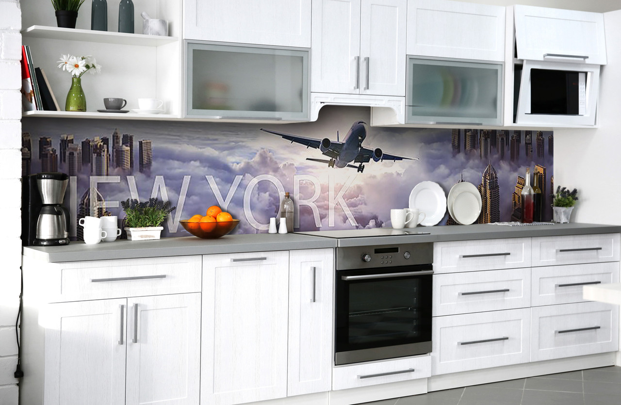 Вініловий 3Д кухонний фартух Літак Нью-Йорк плівка ПВХ скіналі місто небо Абстракція Сірий 600*2000 мм, фото 1