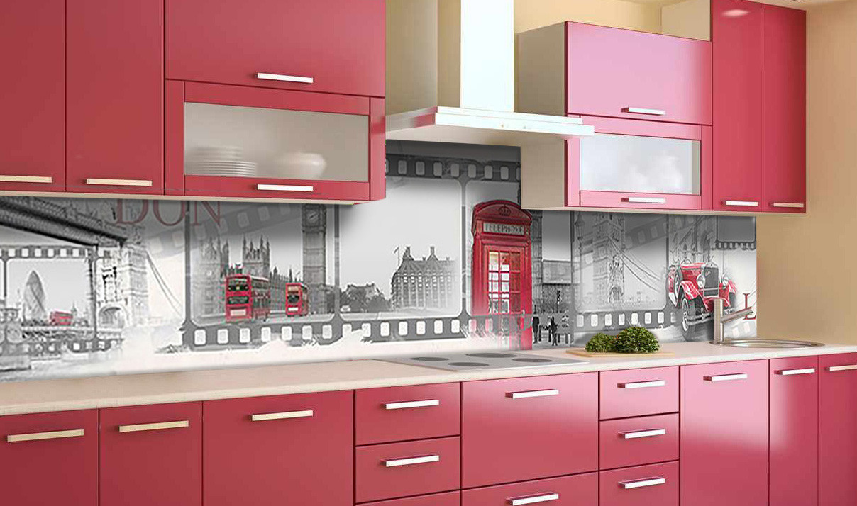 Вініловий 3Д кухонний фартух Лондон Кіно плівка ПВХ скіналі телефонна будка Абстракція Сірий 600*2000 мм