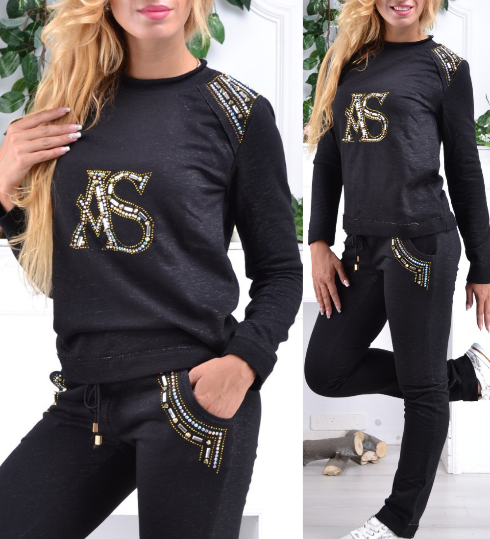 Турецький спортивний костюм жіночий зі стразами S M L XL XXL (до 54) чорний
