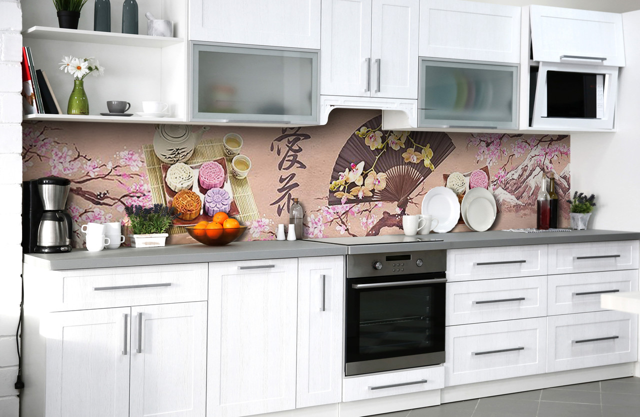 Вініловий 3Д кухонний фартух Віяло Сакури плівка ПВХ скіналі схід Азія Абстракція Рожевий 600*2000 мм