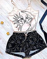 Пижама (шорты и майка) женская шелковая с принтом Sun&Moon черная