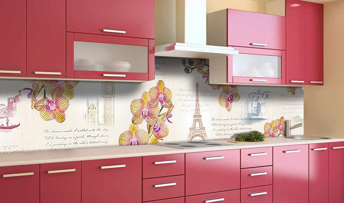 Вініловий 3Д кухонний фартух Орхідеї Ейфелева вежа плівка ПВХ скіналі Абстракція Помаранчевий 600*2000 мм, фото 1