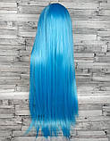 Перука блакитна довга пряма з довгим чубчиком жіноча для жінок 80см зі штучного волосся, фото 4