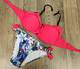 Купальник Червоний ліф з оборками плавки з квітами S роздільний жіночий стильний красивий верх та низ різних, фото 2