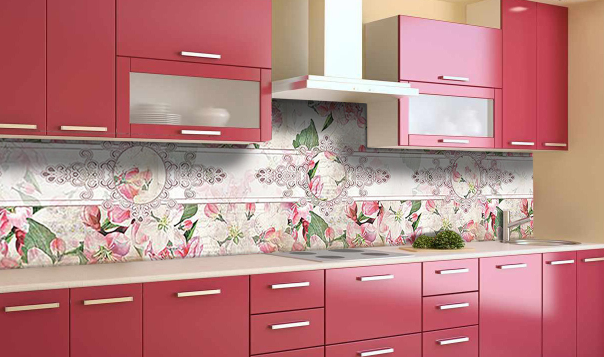 Вініловий 3Д кухонний фартух КвітиУрожай орнамент самоклеюча плівка ПВХ скіналі візерунки Рожевий 600*2000 мм