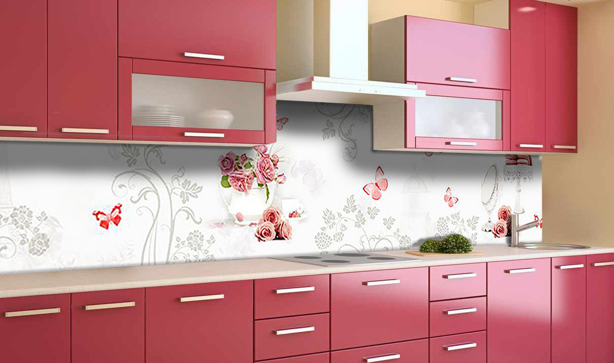 Вініловий 3Д кухонний фартух Квітковий орнамент плівка ПВХ скіналі червоні метелики Абстракція 600*2000 мм, фото 1