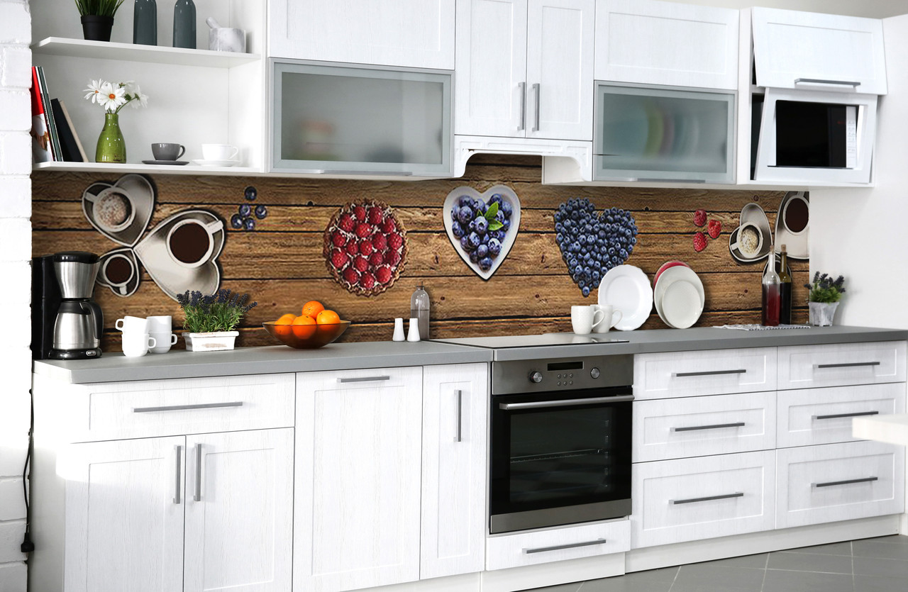 Вініловий 3Д кухонний фартух Ягоди Дощатий фон ПВХ самоклеюча плівка ПВХ скіналі дошки Коричневий 600*2000 мм