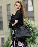 Чорна жіноча сумка велика міська з двома ручками і довгим ремінцем через плече, матова еко-шкіра, фото 2