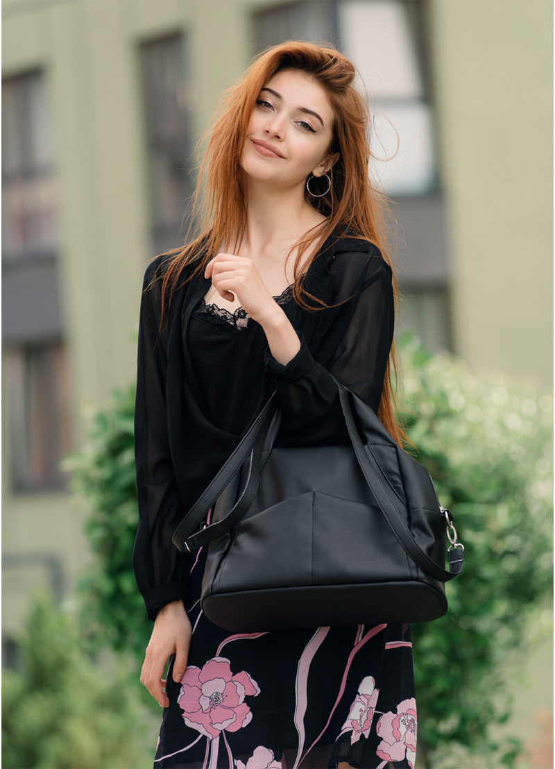 Чорна жіноча сумка велика міська з двома ручками і довгим ремінцем через плече, матова еко-шкіра